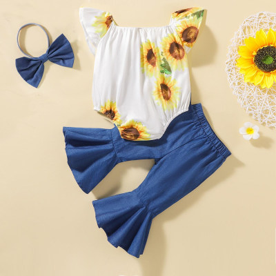 3-piece Baby Girl Sunflower Printed Slash Neck Romper & Solid Color Flare Pants & Headwrap