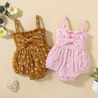 Baby Pure Cotton Allover Floral Printed Bowknot Decor Sleeveless Romper