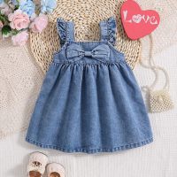 Primavera y verano nuevo estilo niñas arco denim vestido con tirantes algodón niños  Denim blue