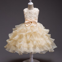 Toddler Girl Solid Color Mesh Patchwork Bowknot Decor Sleeveless Dress  Champagne