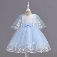 Kurzärmliges Kleid für Kleinkinder und Mädchen im Farbblock-Design mit Blumenstickerei und Mesh-Patchwork  Hellblau