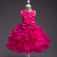 Toddler Girl Solid Color Mesh Patchwork Bowknot Decor Sleeveless Dress  Hot Pink