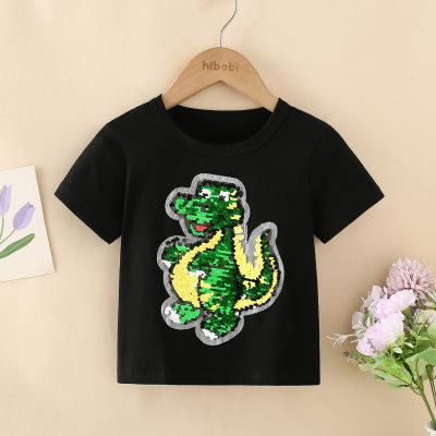 Toddler Boy Dinosaur Shape Sequin Decor Short Sleeve T-shirt