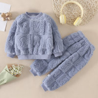 2-piece Toddler Girl Solid Color Rabbit Pattern Furry Top & Matching Pants  Blue