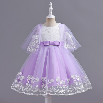 Kurzärmliges Kleid für Kleinkinder und Mädchen im Farbblock-Design mit Blumenstickerei und Mesh-Patchwork