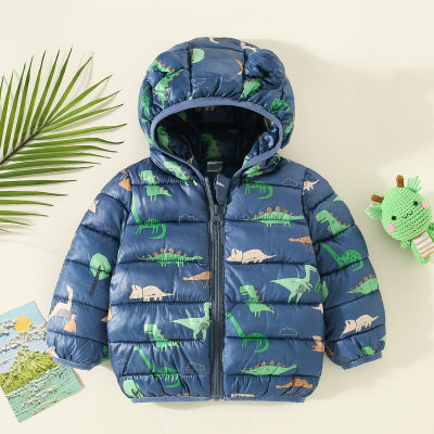 Chaqueta acolchada de algodón con capucha y patrón de dinosaurio para niños pequeños