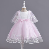 Kurzärmliges Kleid für Kleinkinder und Mädchen im Farbblock-Design mit Blumenstickerei und Mesh-Patchwork  Rosa