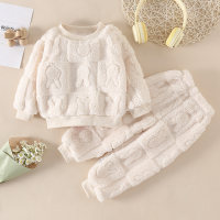 2-piece Toddler Girl Solid Color Rabbit Pattern Furry Top & Matching Pants  Beige
